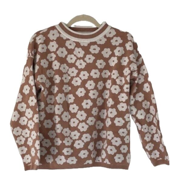 Pretty Garden Sweaters - Neutral Floral Print Long Sleeve Knit Pullover Sweater, Soft, Cozy, Lounge, M